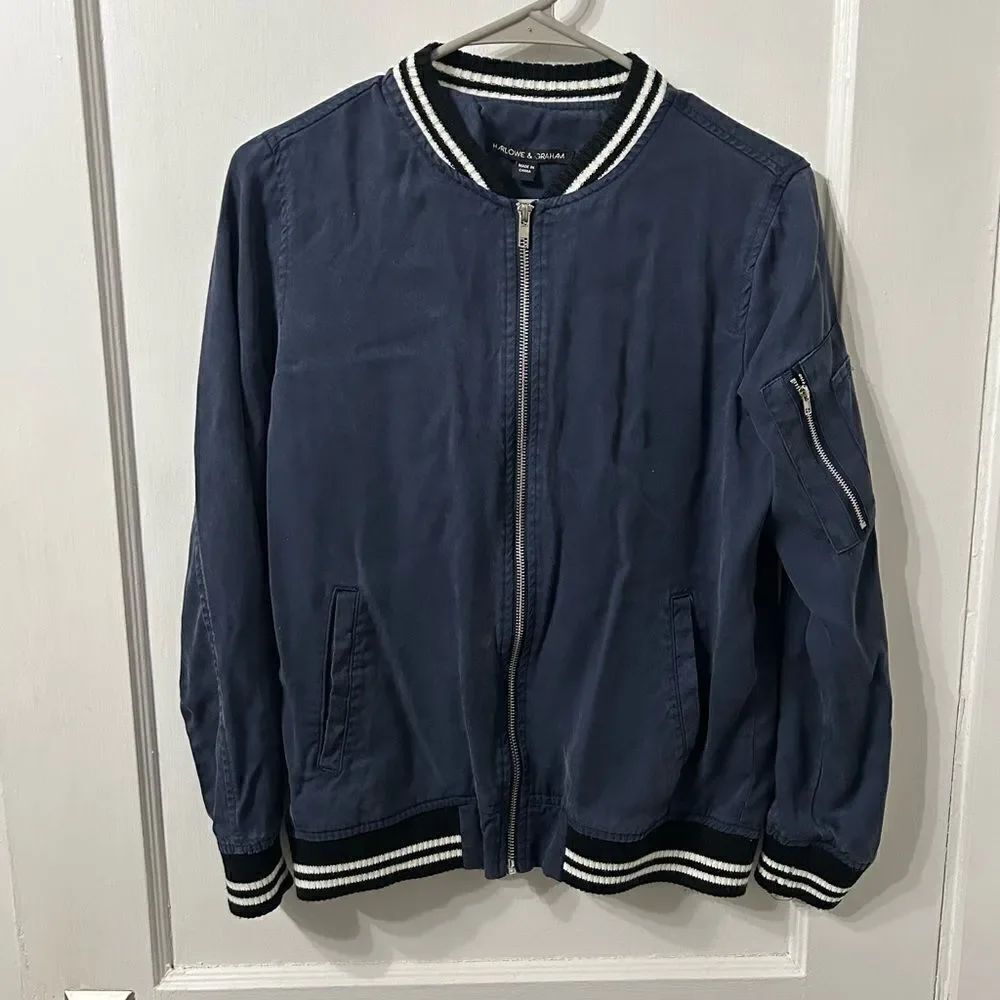 Harlowe & Graham Blue Bomber Jacket with Ribbed Collar